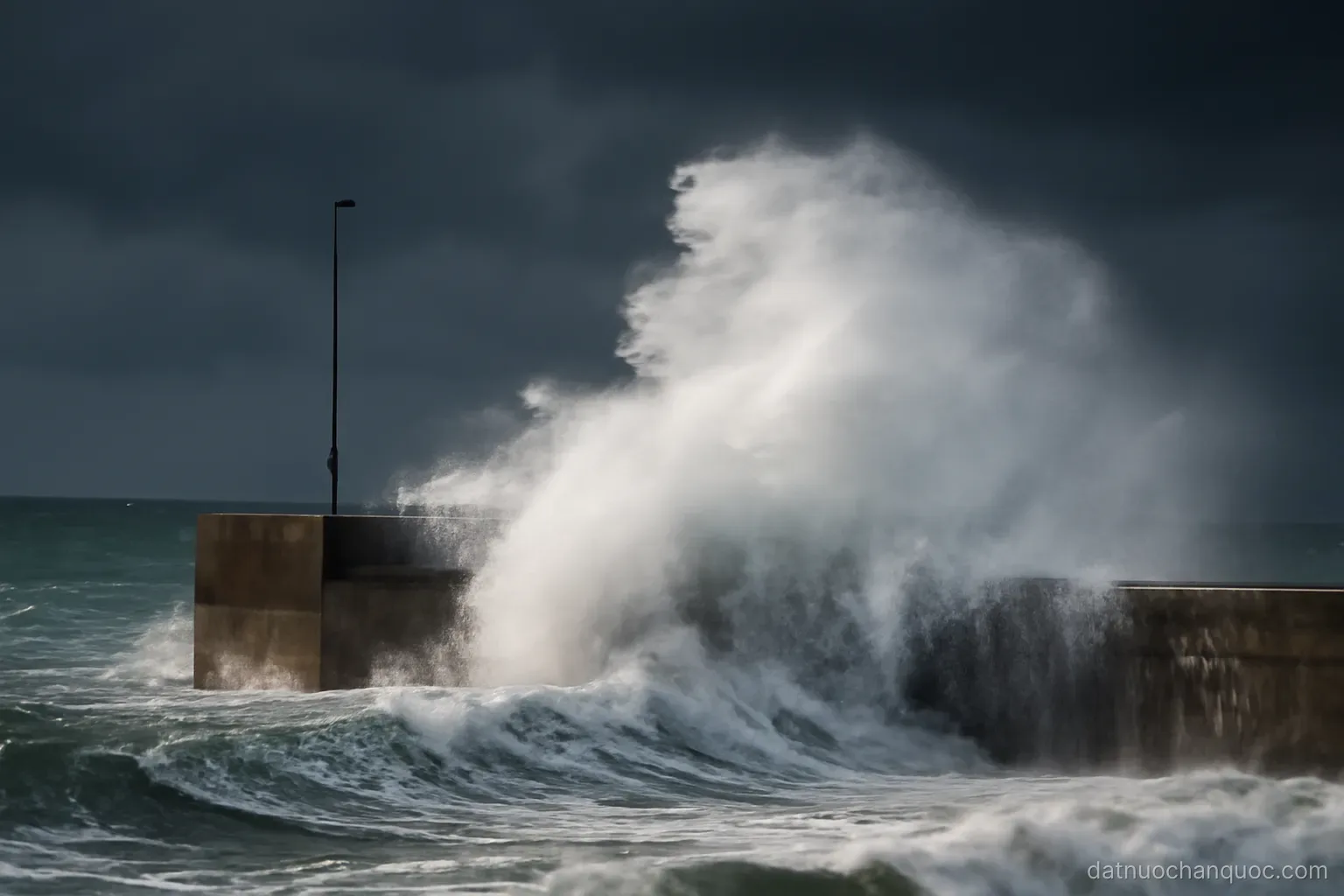 waves breaking hard against a harbour breakwater under a dark sky with spray blown sideways