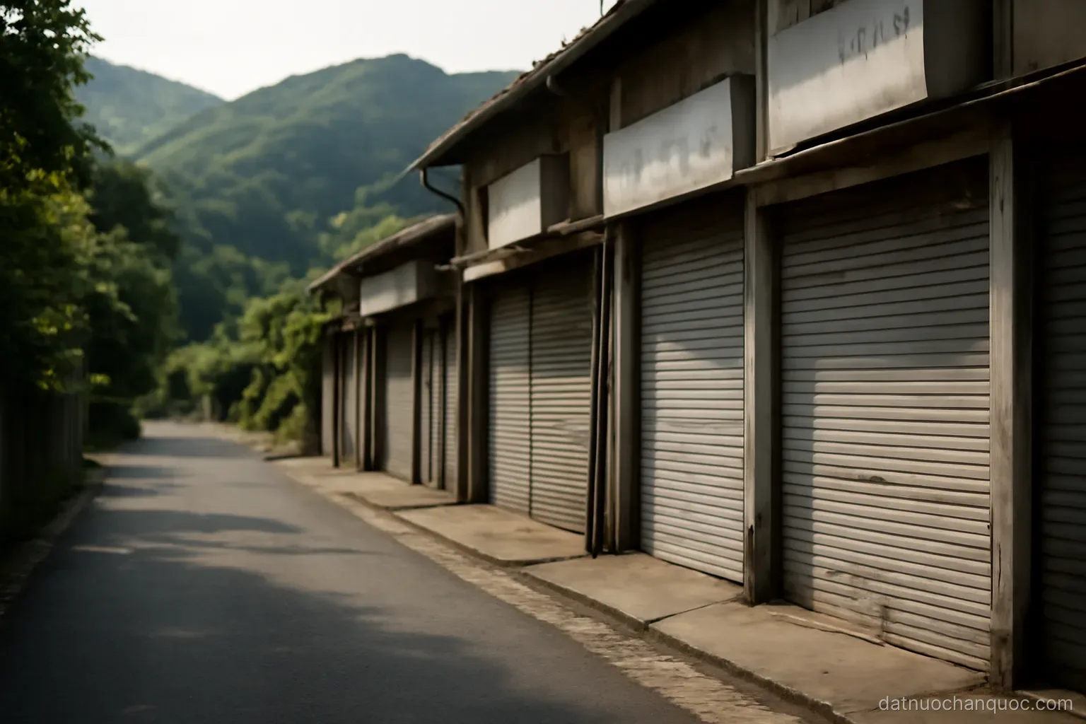 a quiet rural street with closed shutters on several shopfronts and hills rising behind