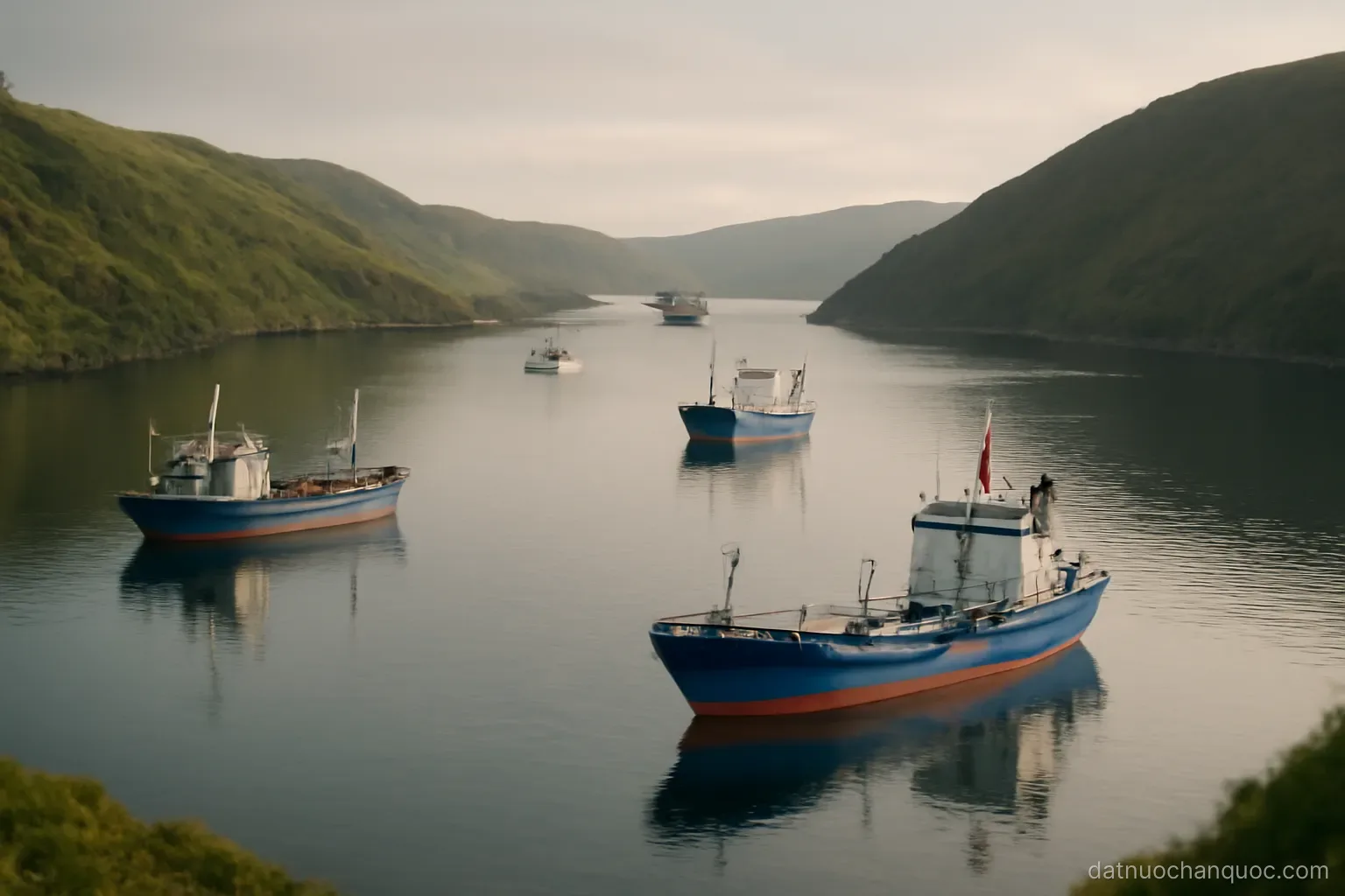 a deep natural harbour ringed by hills with several ships anchored in calm water