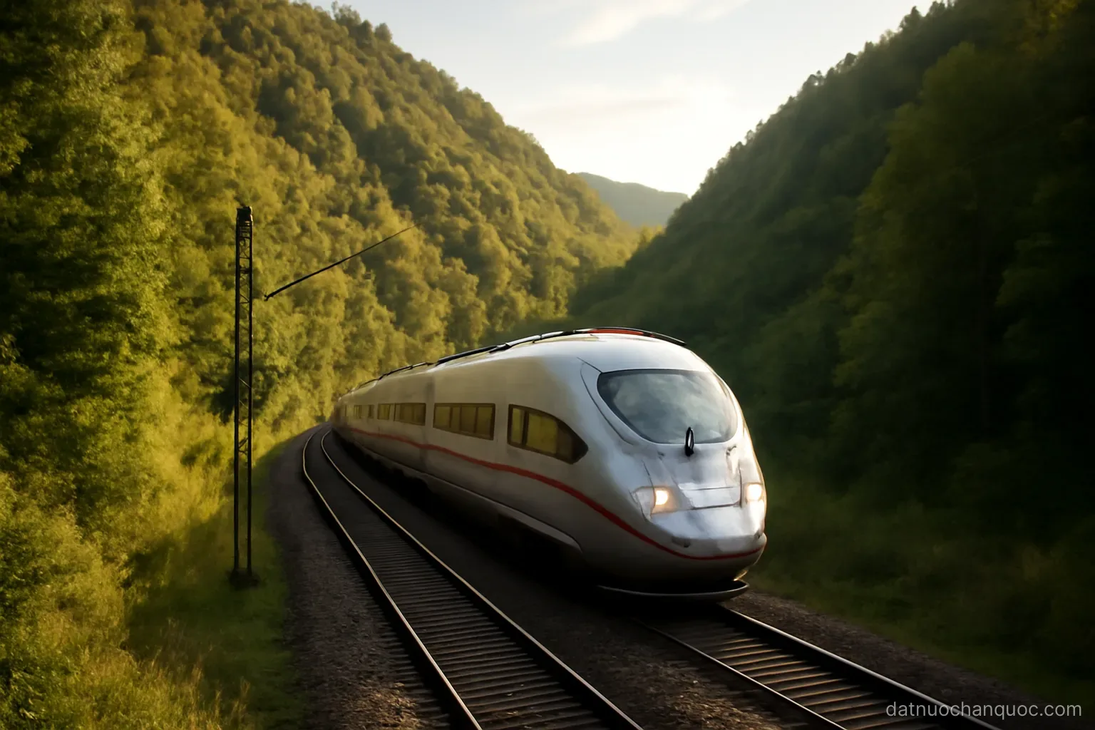 a high speed train passing through a narrow valley between forested ridges in afternoon light