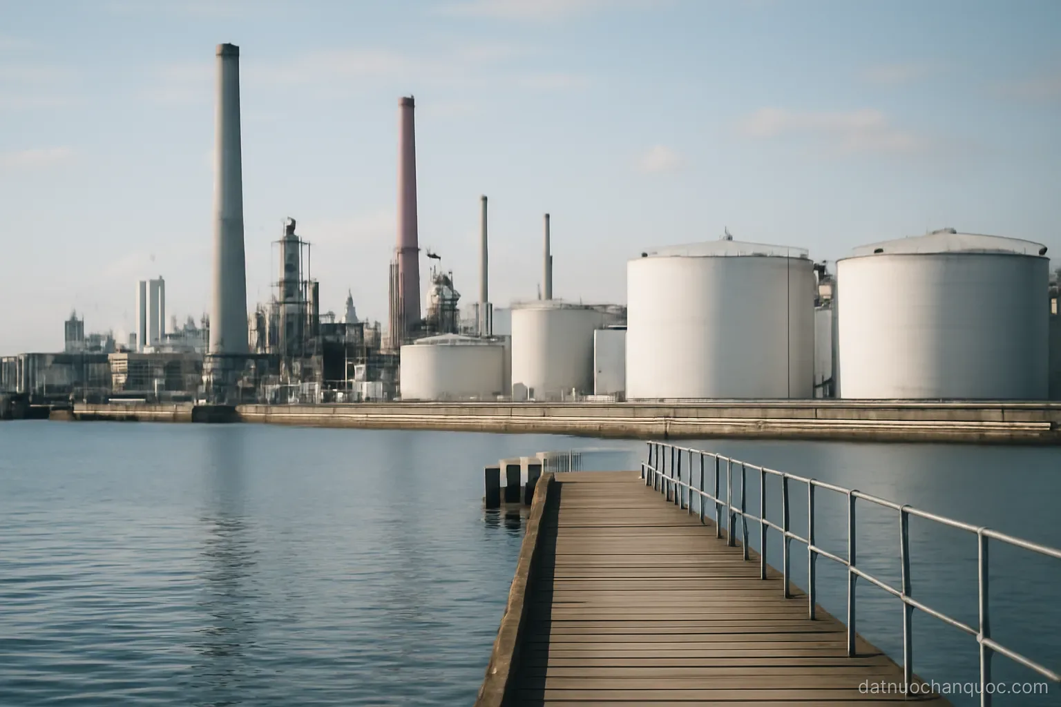 industrial chimneys and storage tanks lining a waterfront with a jetty extending into the sea