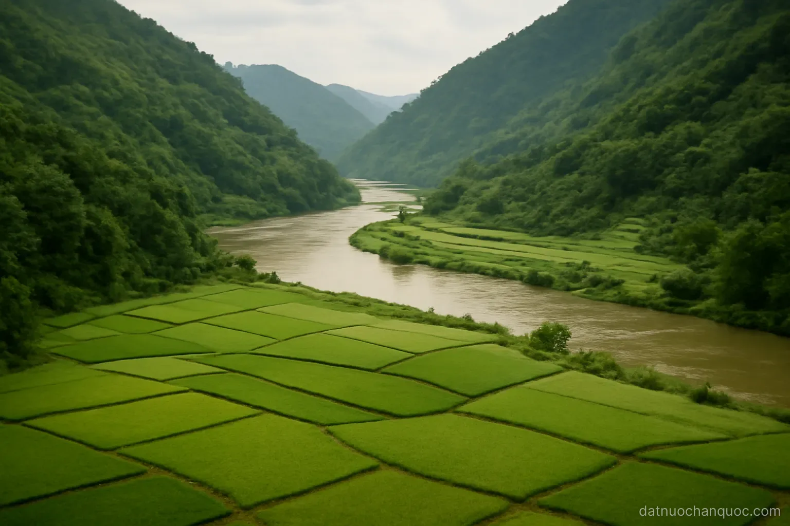 a broad river valley with rice fields on the flat floor and steep wooded slopes on both sides