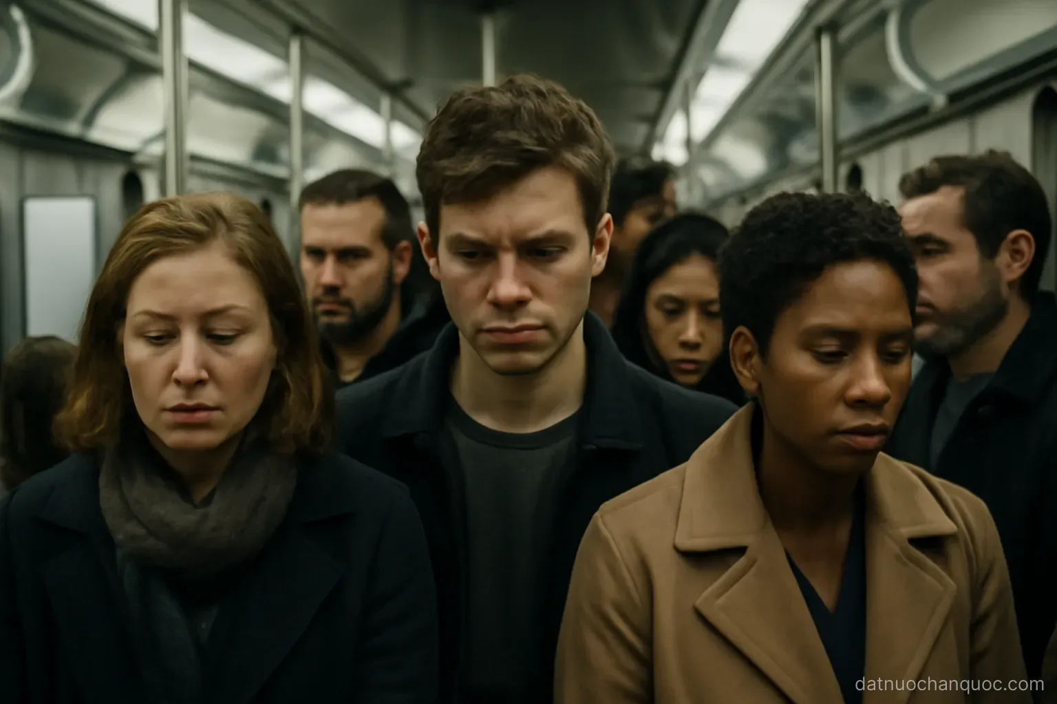 a crowded subway car interior with weary passengers standing close together under flat even lighting