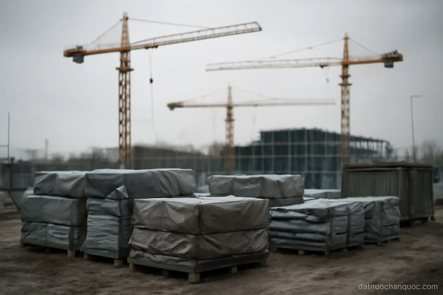 a construction site with cranes idle and covered materials stacked under a grey winter sky