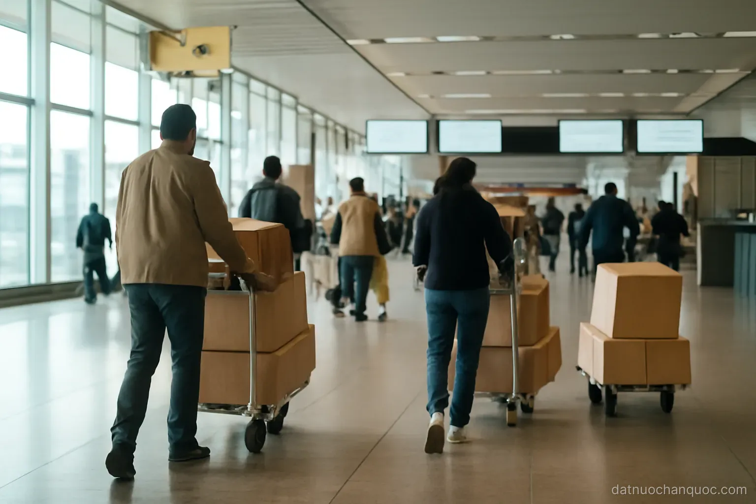 a departure hall with travellers pushing trolleys of taped cardboard boxes toward check in
