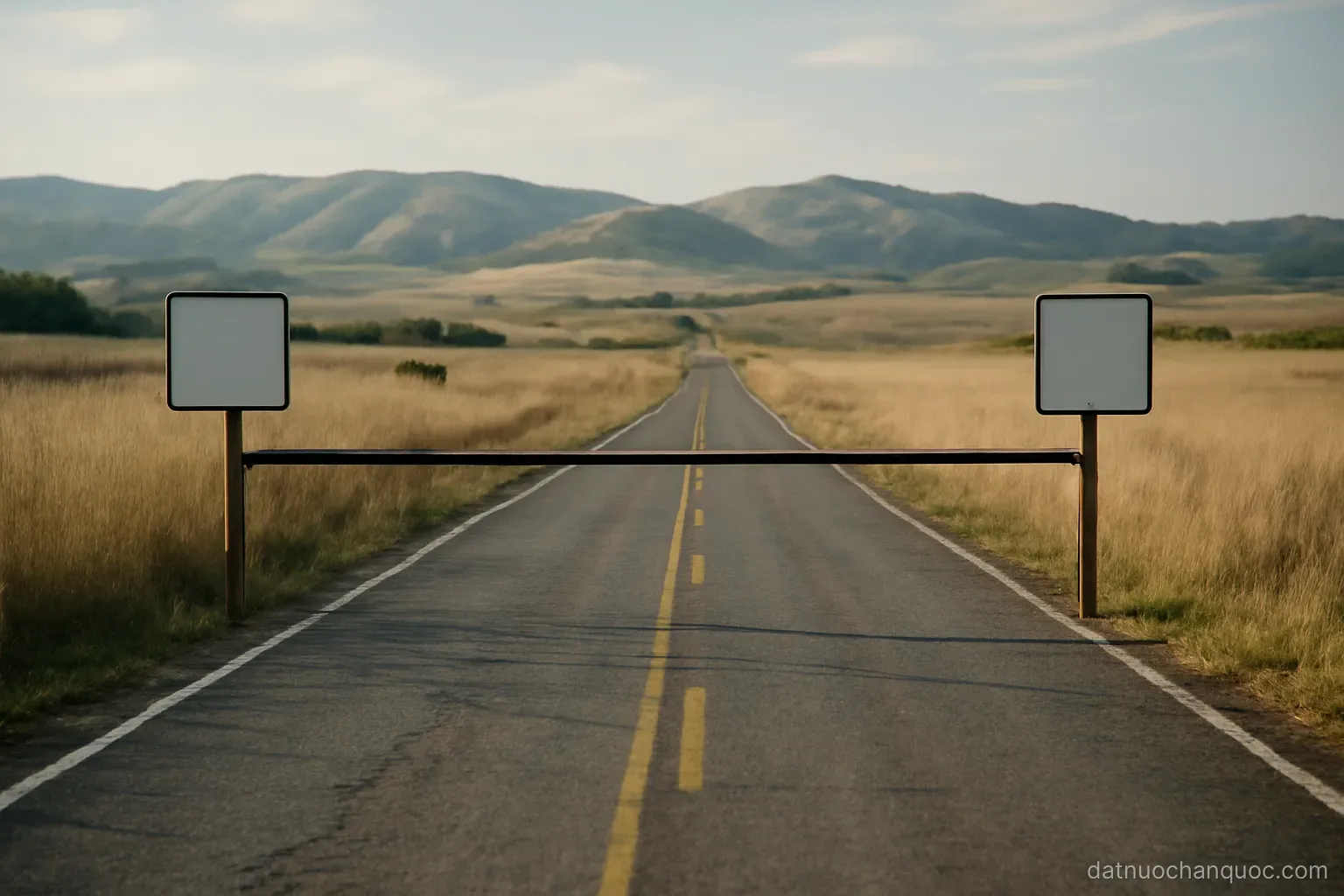 an empty two-lane road ending at a barrier with hills and grassland stretching beyond it