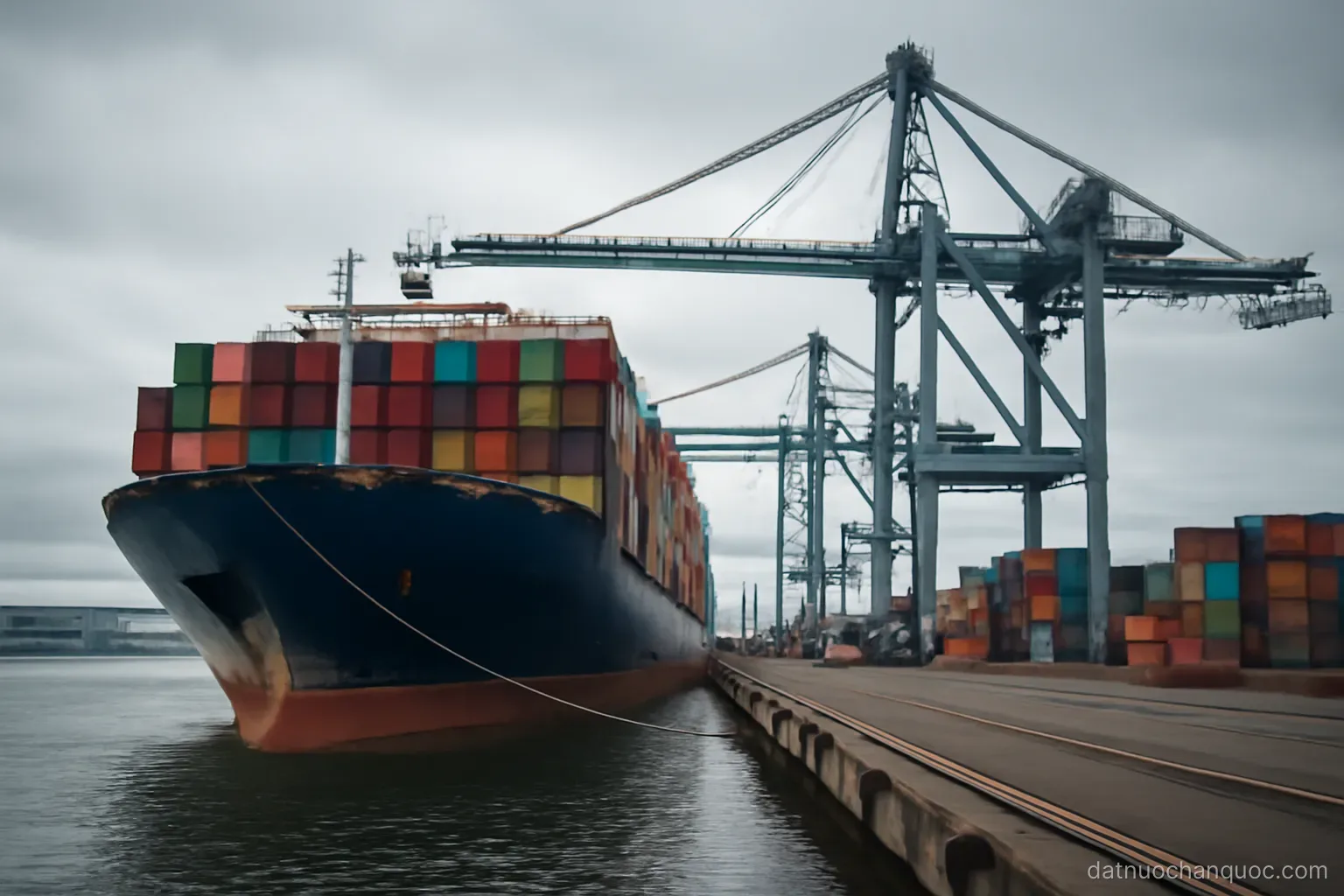 a large container ship berthed beside tall gantry cranes with rows of stacked containers under overcast light