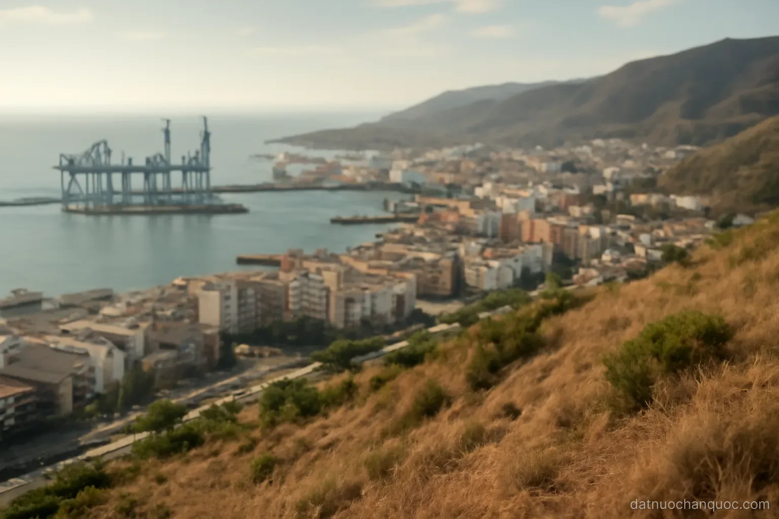 a coastal city seen from a hillside with harbour cranes on one side and hills closing the other