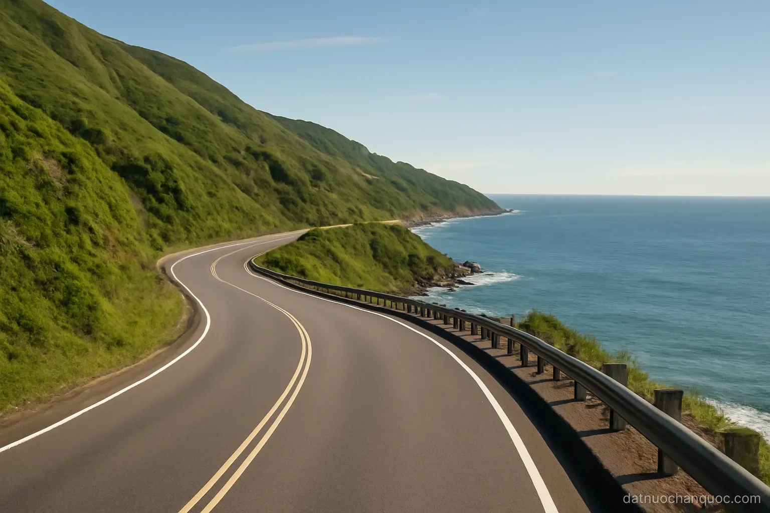 a coastal highway curving between steep green hills and the open sea under a clear sky