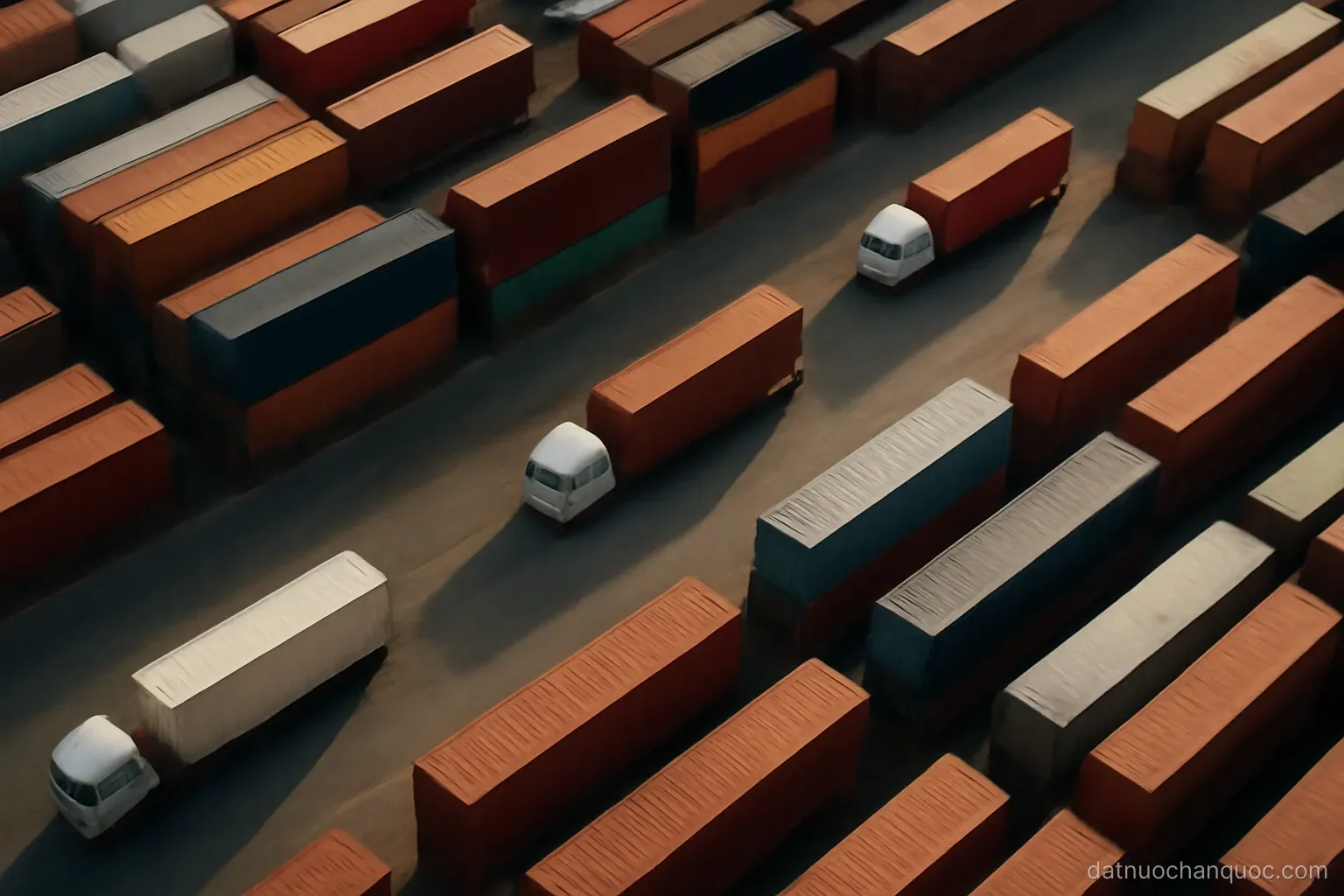 rows of stacked shipping containers seen from above with trucks moving along lanes between them