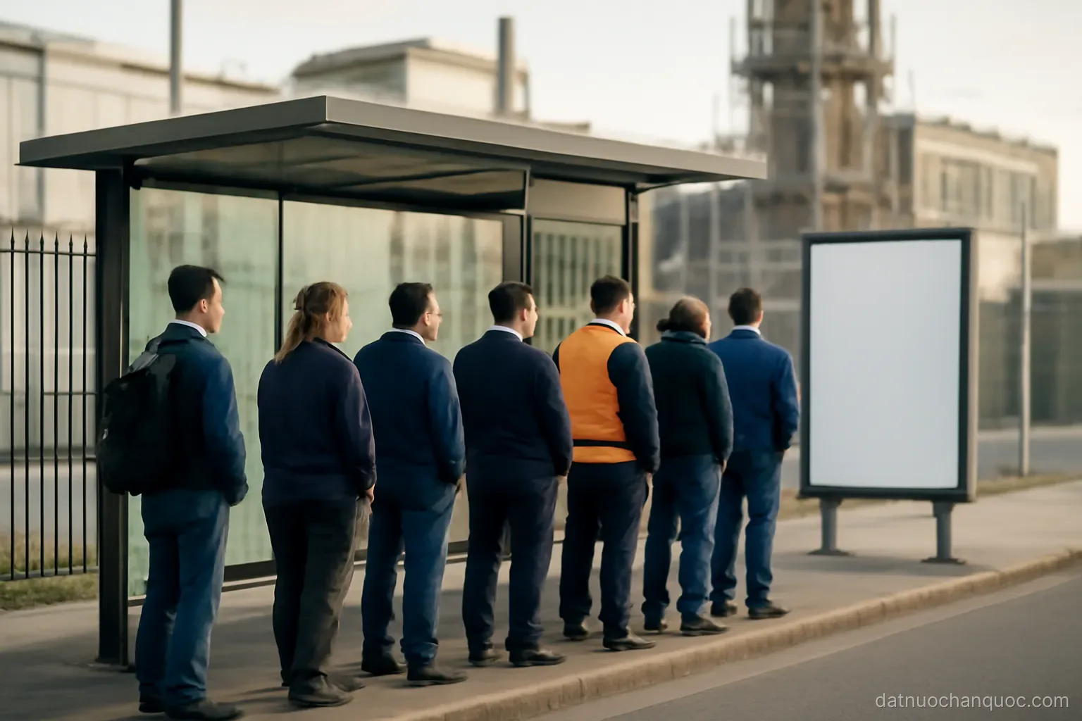 a bus stop outside a factory gate at shift change with workers waiting in a line
