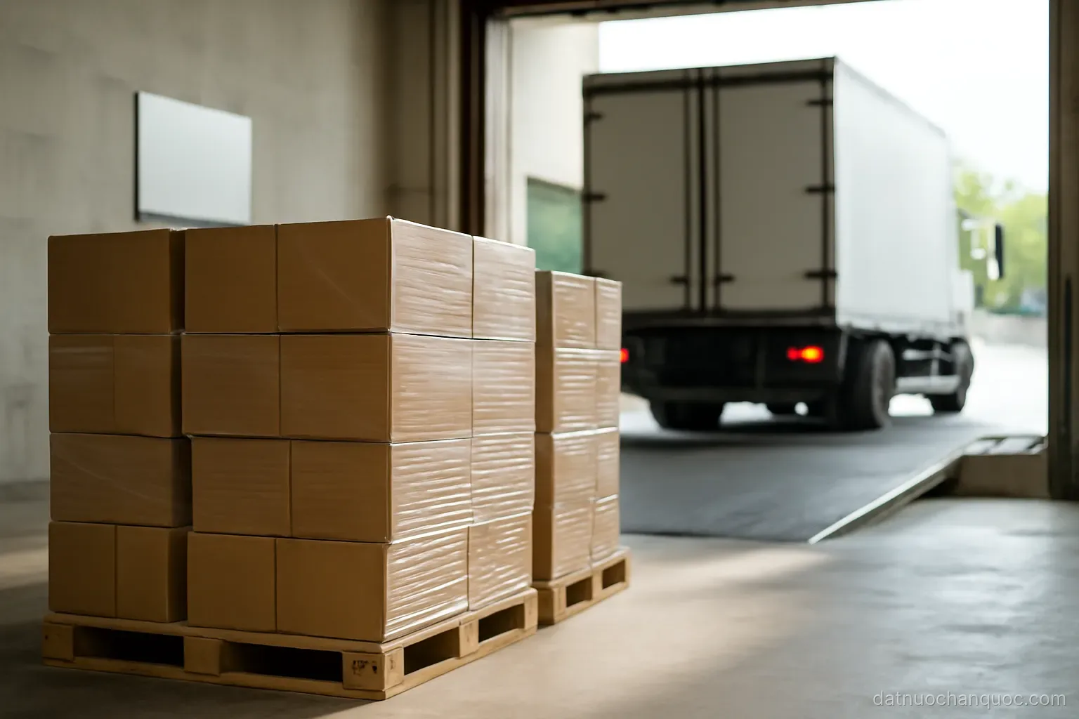 pallets of boxed goods waiting on a loading dock with a truck reversing toward the ramp