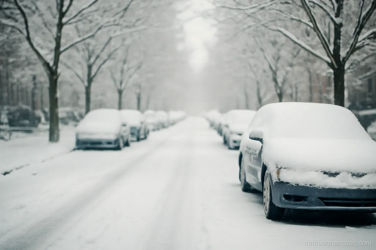 a quiet street after snowfall with parked cars covered and bare trees along the pavement