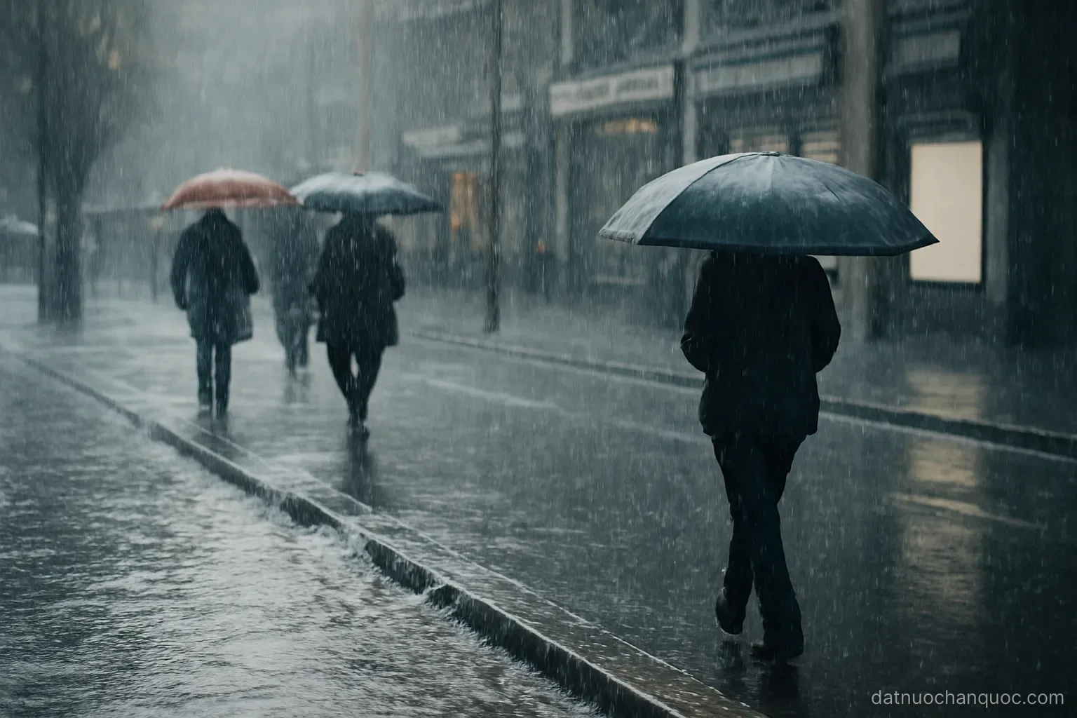 heavy rain falling on a city street with water running fast along the kerb and umbrellas passing