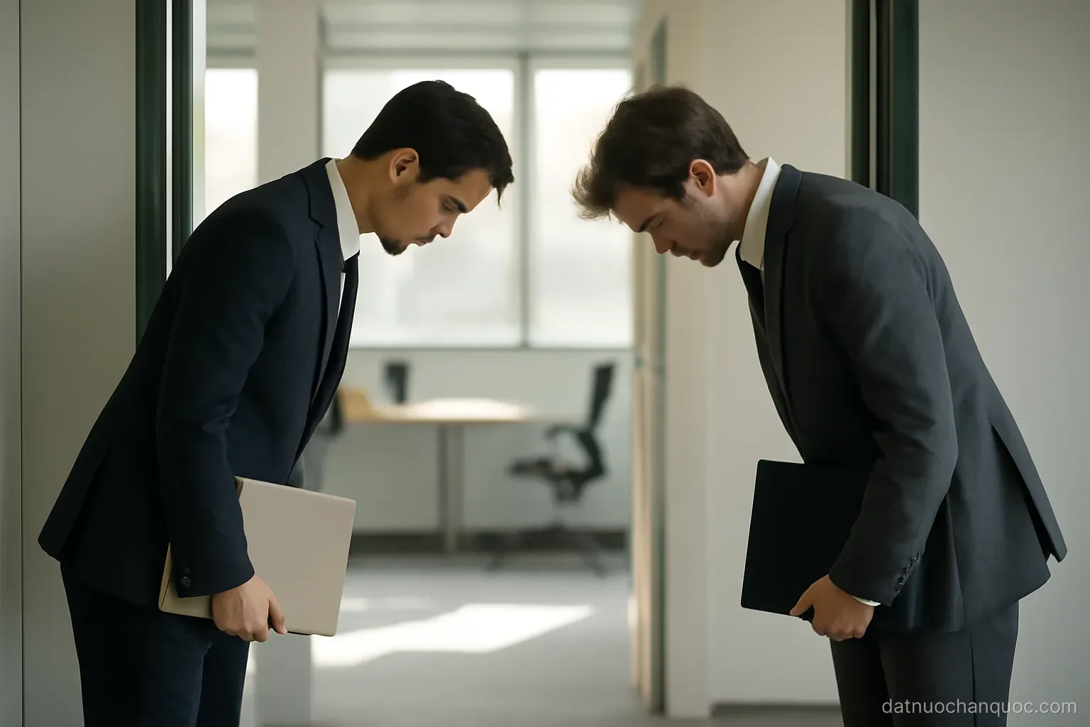 two colleagues greeting each other in an office doorway with a slight bow and files in hand