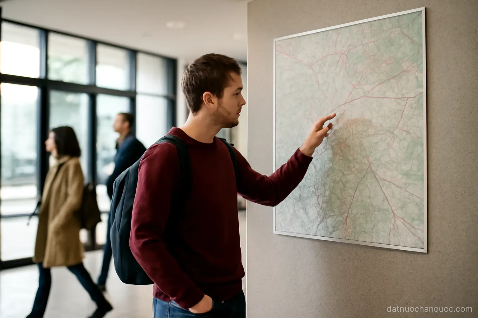 a newcomer studying a wall map in a building lobby while others pass by on their way in
