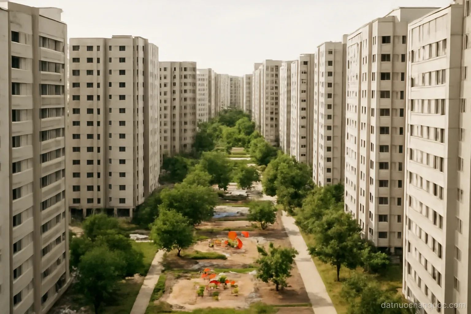 identical high rise residential blocks arranged in rows with playgrounds and trees between them