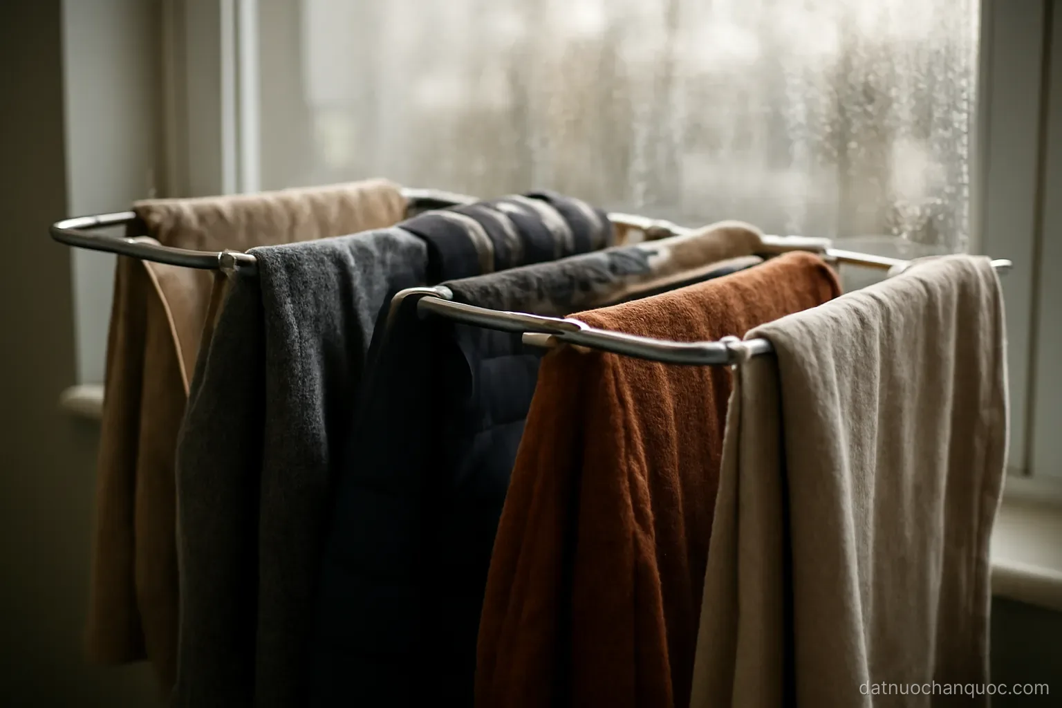 a laundry rack of thick winter clothes drying indoors beside a window with condensation on it