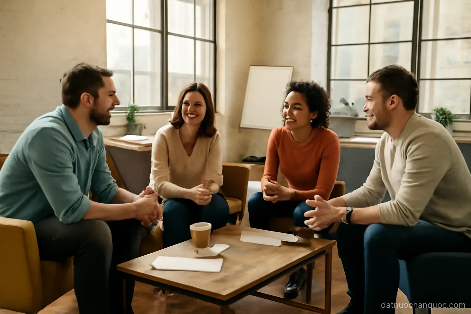 a small startup office with mismatched furniture and a few people talking around a low table