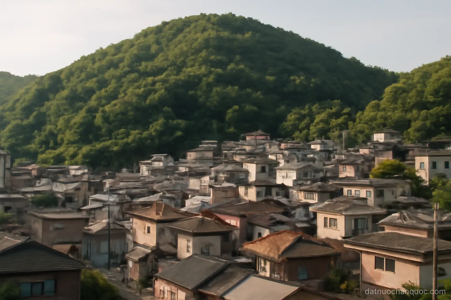 a forested hill rising directly behind a dense neighbourhood of low buildings and narrow lanes