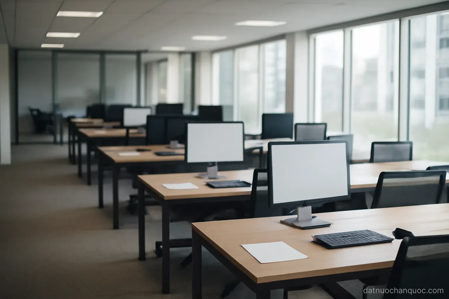 an open plan office with rows of desks and a small meeting area near the window in daylight