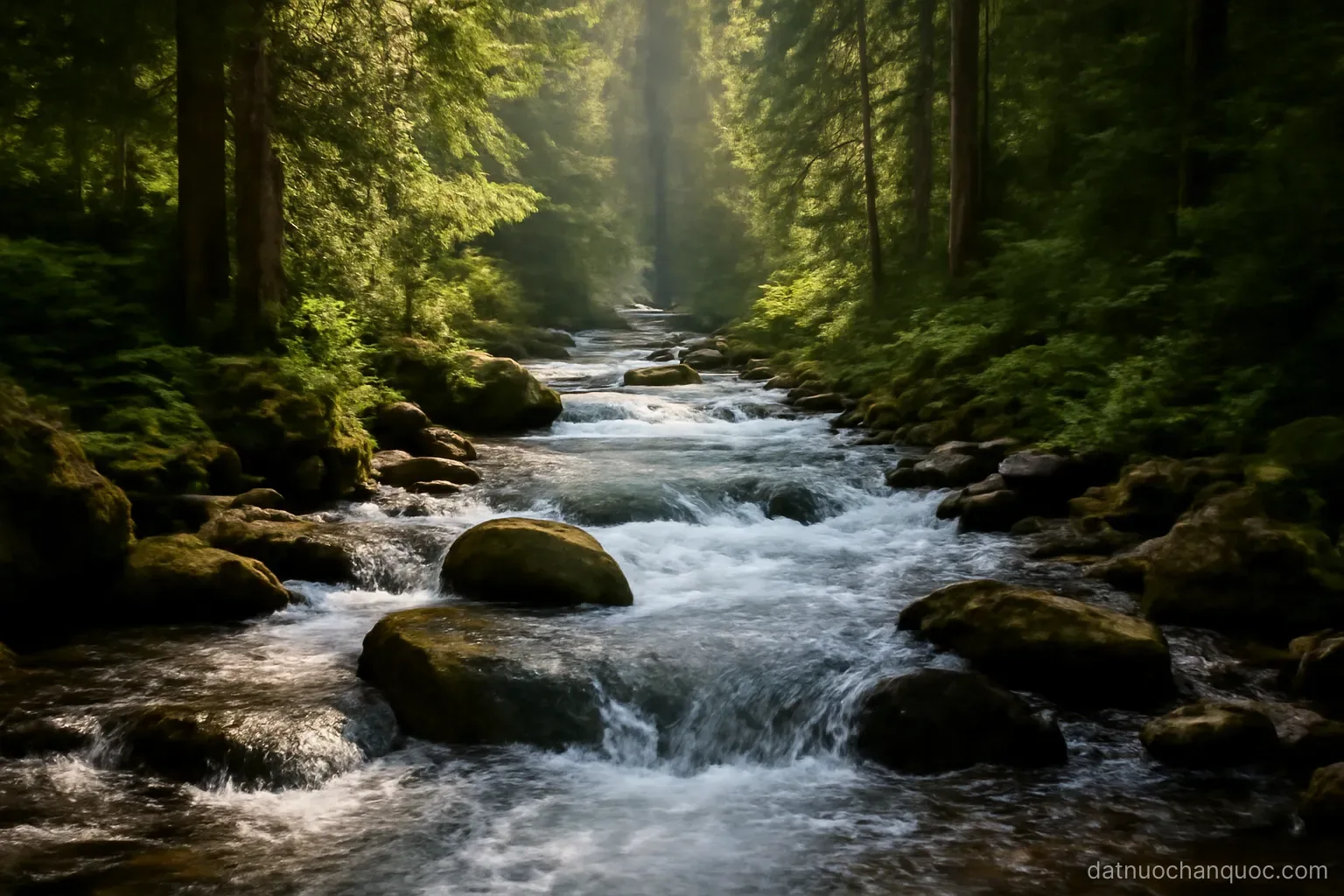 a mountain stream running fast over rocks through dense forest with sunlight filtering down