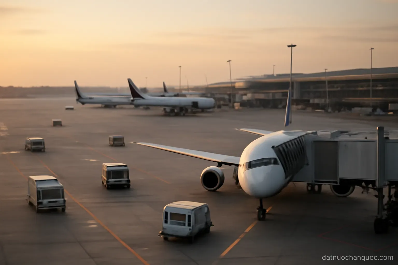 a wide airport apron at dawn with aircraft parked at gates and service vehicles moving below