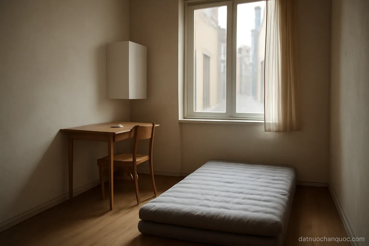 a compact studio room with a folded mattress, a small desk and a window looking onto a narrow lane