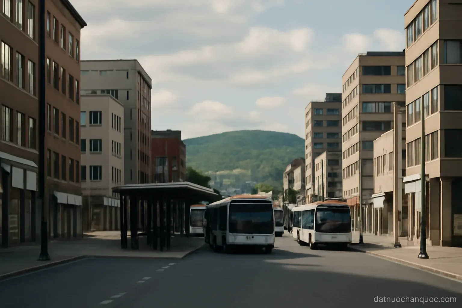 a mid sized city centre with mid rise buildings, a bus terminal and hills visible at the end of the street