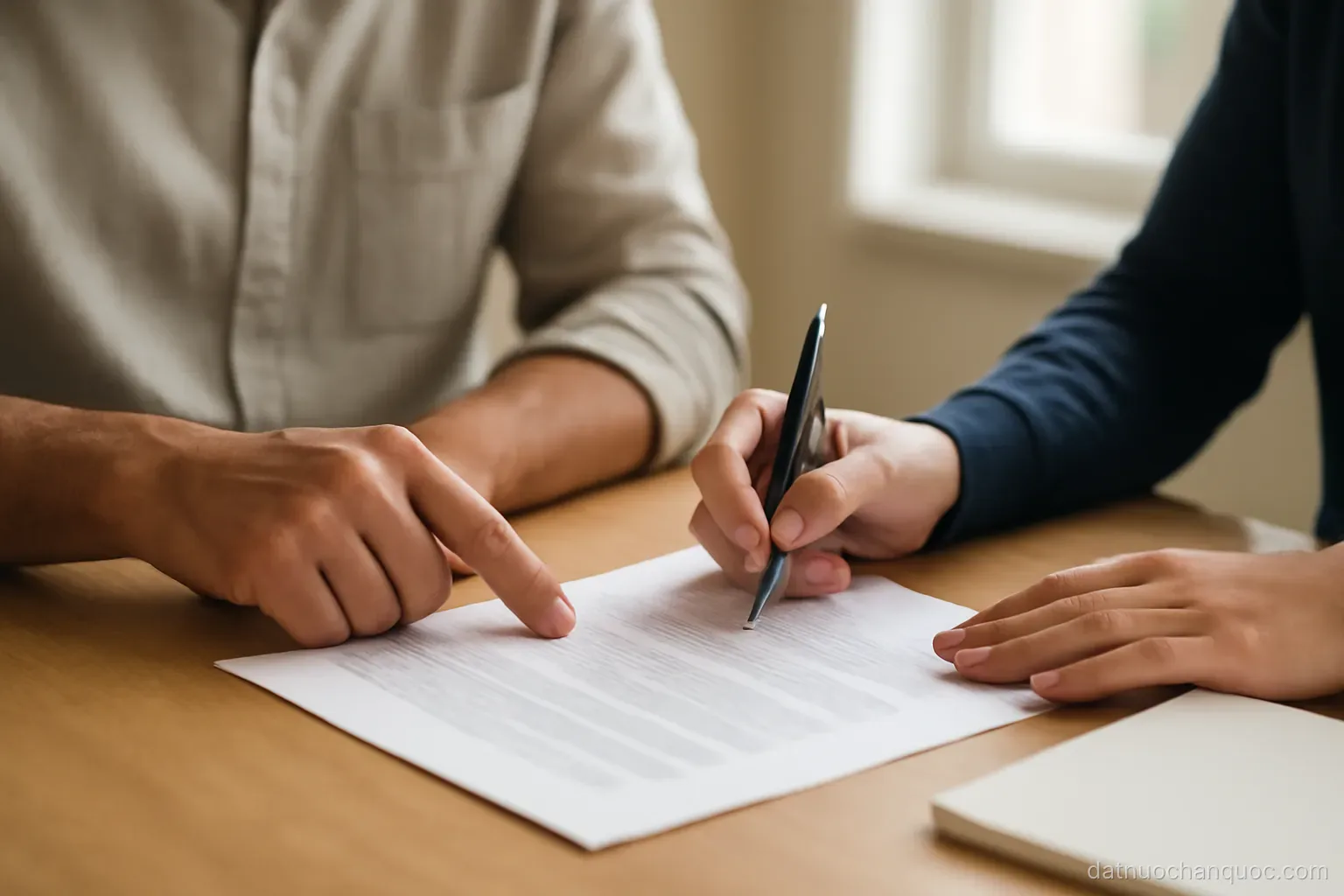 two people at a table going through a printed document together with a pen resting on the page