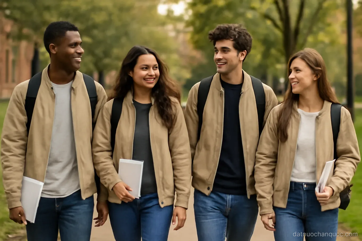 a group of students of similar age walking together along a campus path in matching jackets