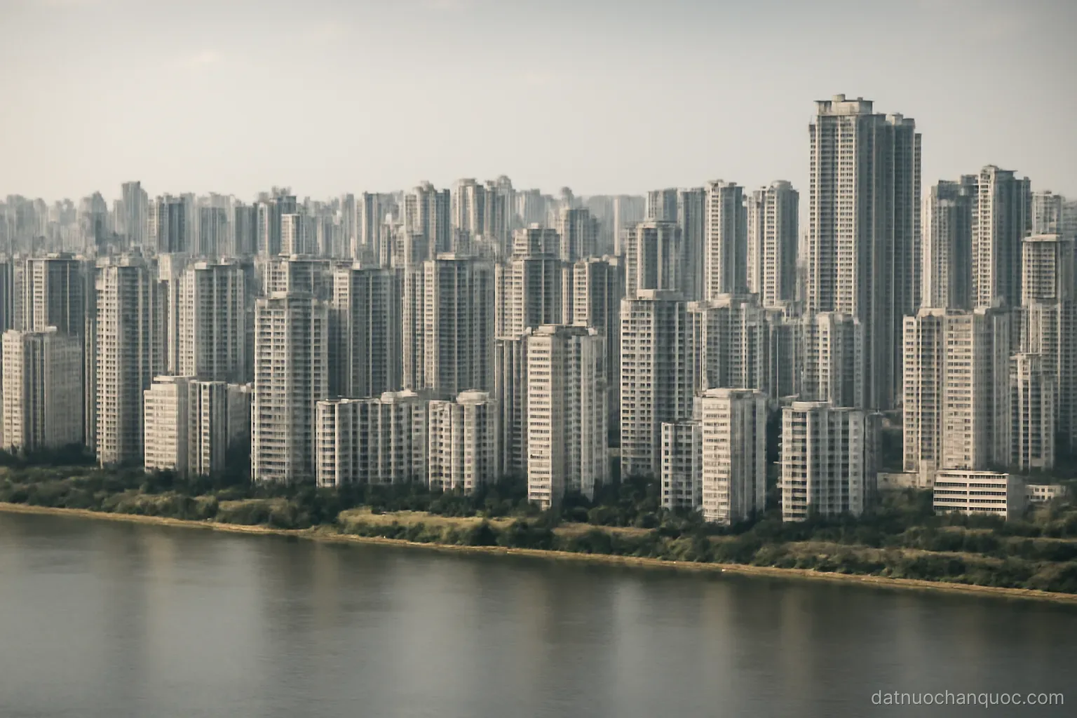 a dense skyline of tall apartment towers stretching to the horizon beyond a wide river