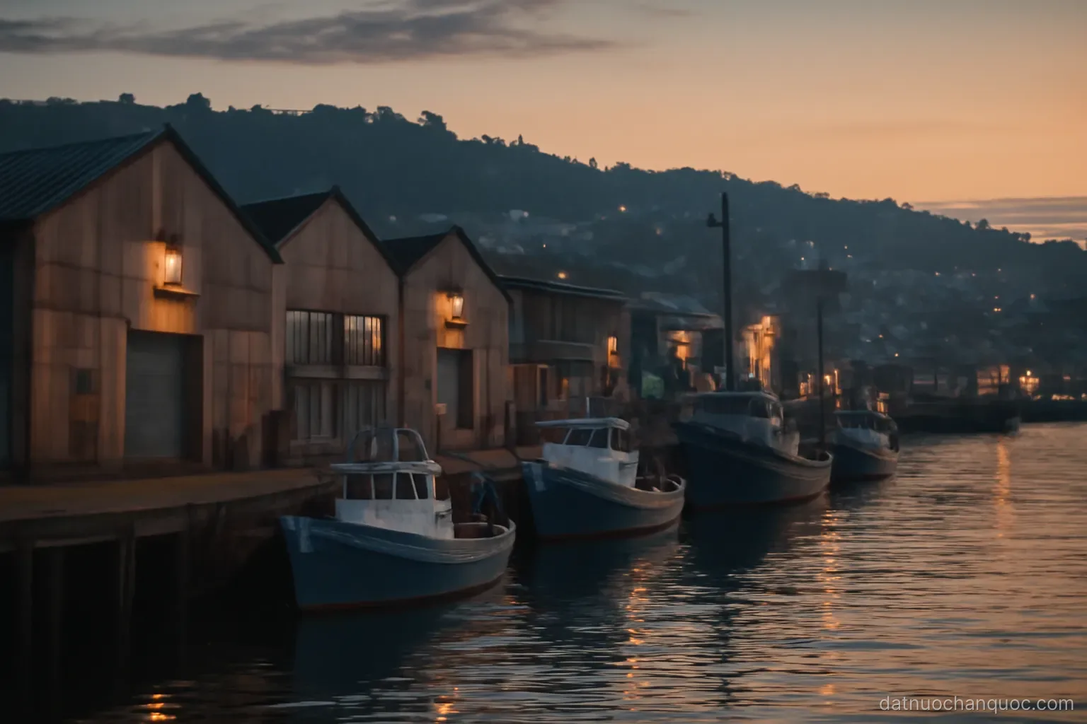 a working waterfront at dusk with warehouses, moored vessels and hills rising behind the town