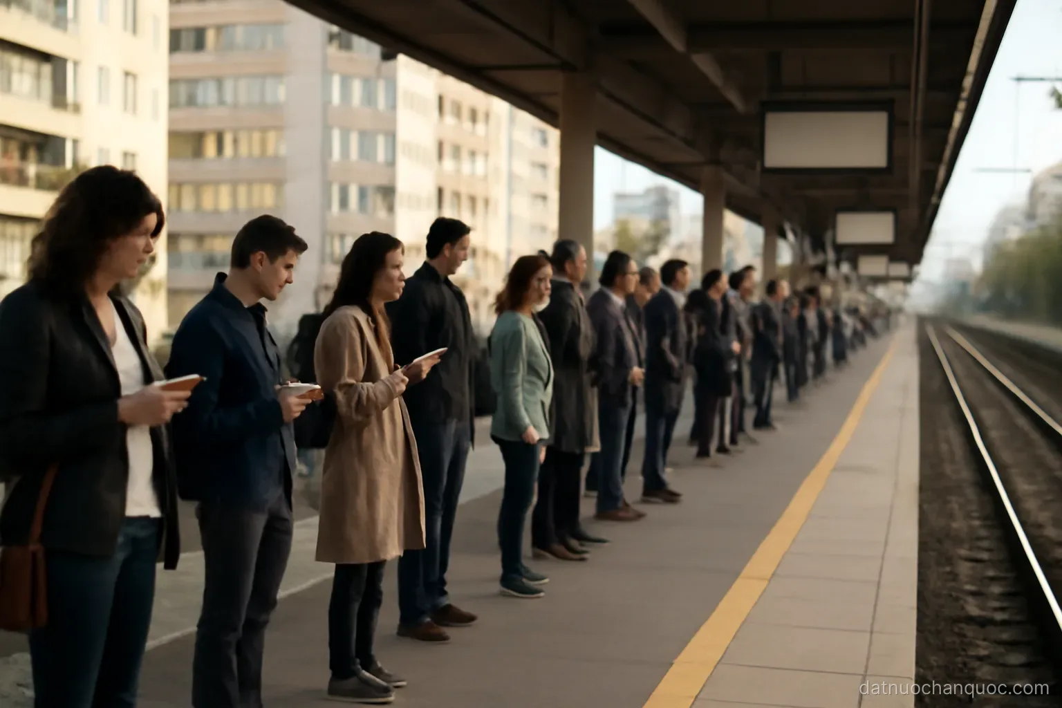 a commuter train platform with rows of waiting passengers and apartment blocks visible behind